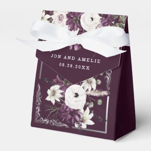 Plum and Silver Geometric Floral Wedding Favor Boxes