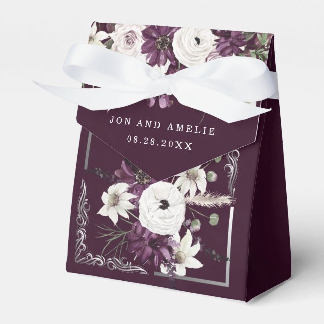 Plum and Silver Geometric Floral Wedding Favor Boxes (Front Side)