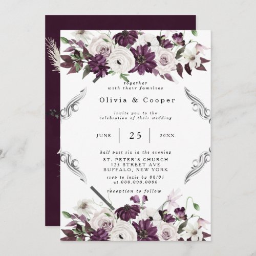 Plum and Silver Geometric Floral Wedding Invitation