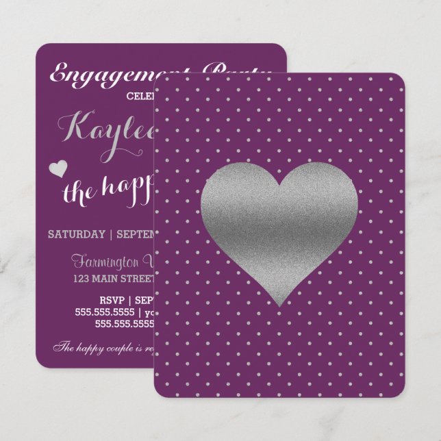 Plum And Silver Heart Polka Dot Shower Party Invitation (Front/Back)