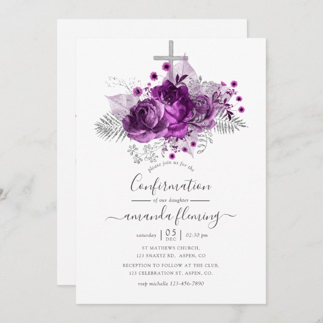 Plum and Silver Watercolor Floral Confirmation Invitation (Front/Back)