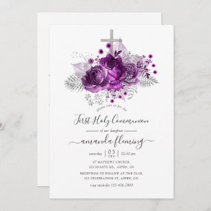 Plum and Silver Watercolor Floral Holy Communion Invitation