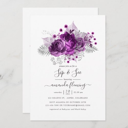 Plum and Silver Watercolor Floral Sip and See Invitation