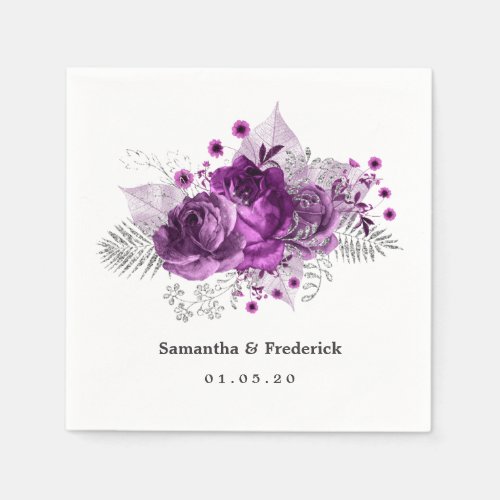 Plum and Silver Watercolor Floral Wedding Napkins