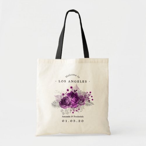 Plum and Silver Watercolor Floral Wedding Welcome Tote Bag