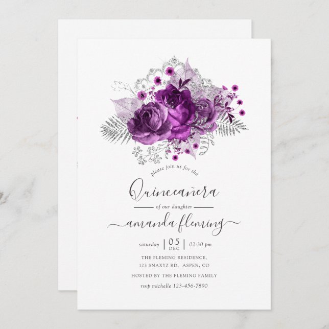 Plum and Silver Watercolor Quinceañera Invitation (Front/Back)