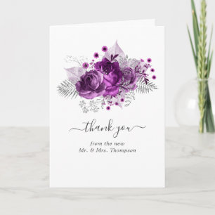 Plum and Silver Watercolor Wedding Photo Thank You Card