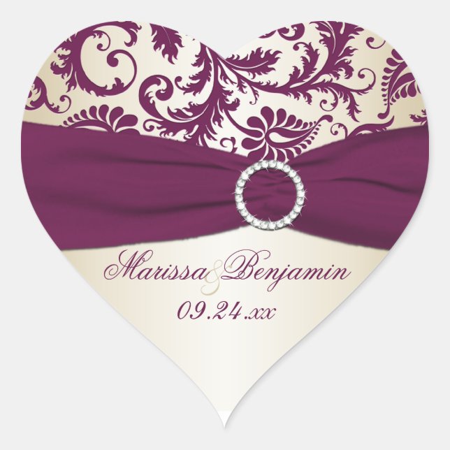 plum and Taupe Damask Heart Shape Sticker (Front)