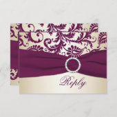 Plum and Taupe Damask with PRINTED Ribbon RSVP (Front/Back)