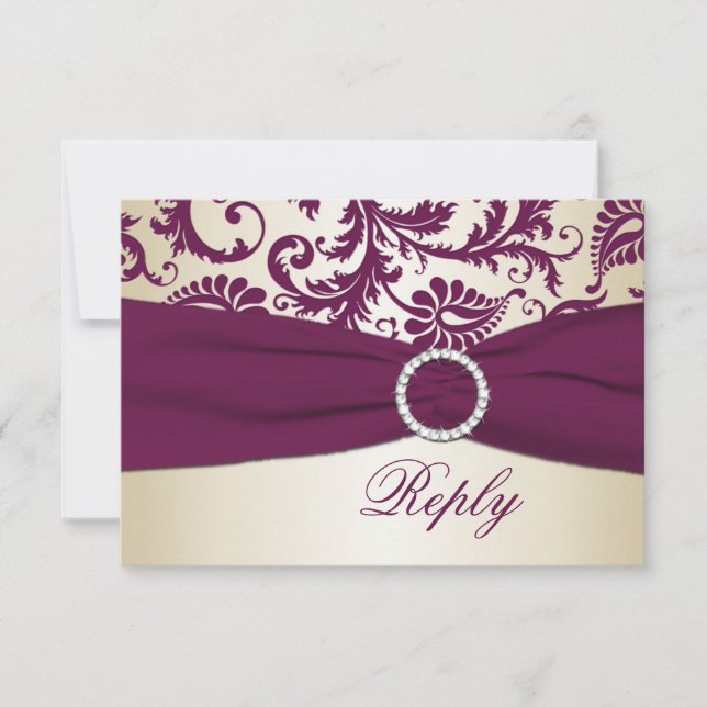 Plum and Taupe Damask with PRINTED Ribbon RSVP Card (Front)