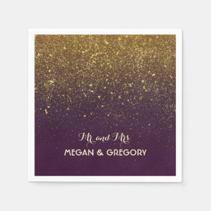 Plum and Vintage Gold Glitter Wedding Napkins