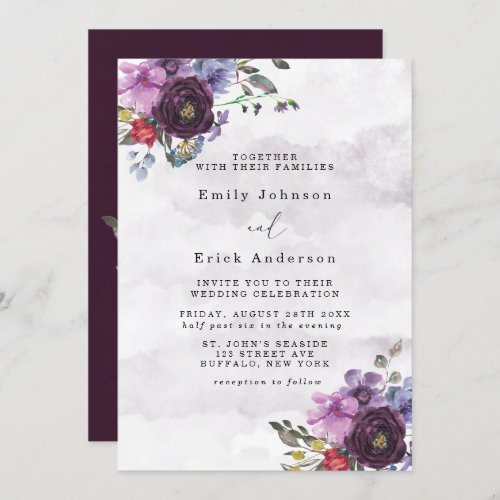 Plum and Violet Chic Peony Wedding Invitation