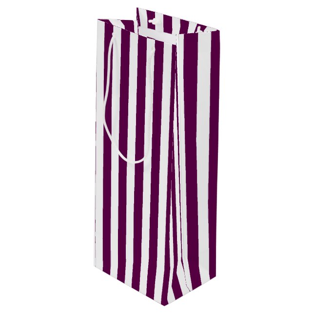 Plum and white candy stripes wine gift bag (Front Angled)