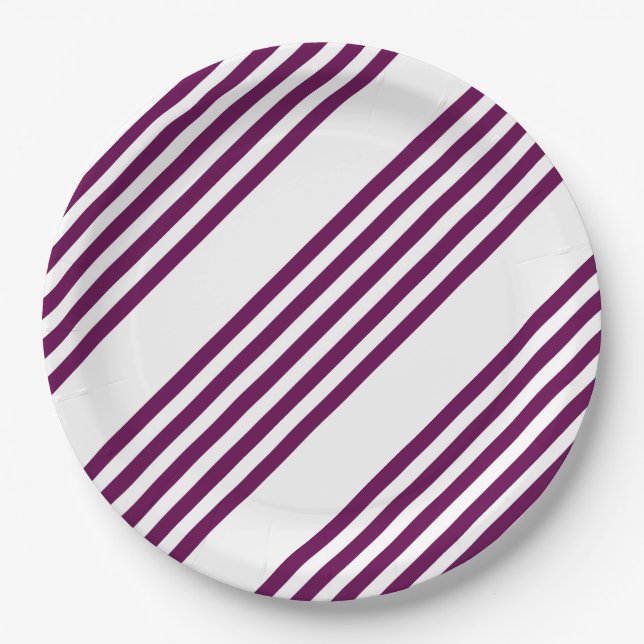 Plum and white five stripe pattern paper plates (Front)