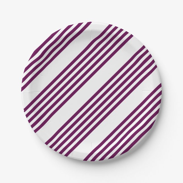 Plum and white five stripe pattern paper plates (Front)