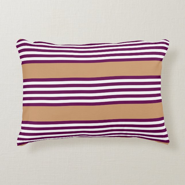 Plum and white five stripes pattern with tan accent pillow (Front)