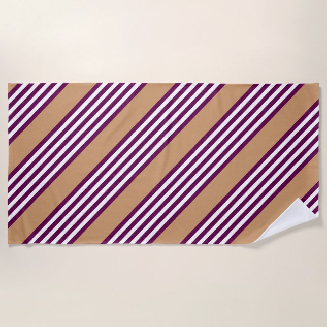 Plum and white five stripes pattern with tan beach towel (Front)