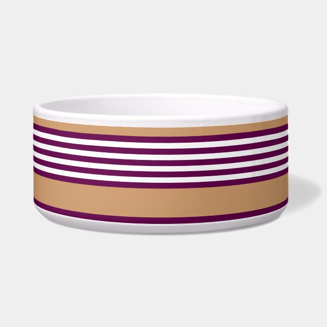 Plum and white five stripes pattern with tan bowl (Front)