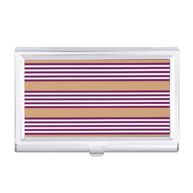 Plum and white five stripes pattern with tan business card case (Front)