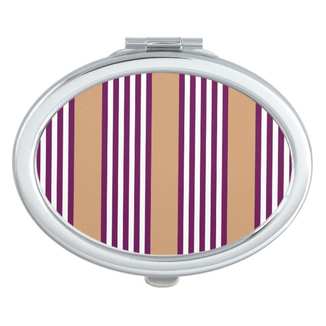 Plum and white five stripes pattern with tan compact mirror (Front)