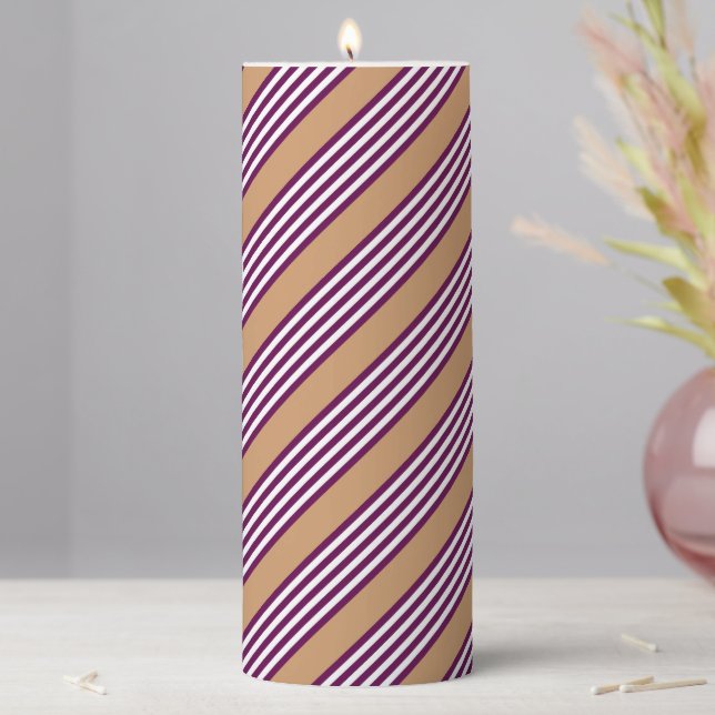 Plum and white five stripes pattern with tan pillar candle (In Situ)