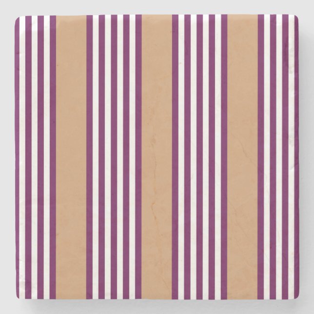 Plum and white five stripes pattern with tan stone coaster (Front)