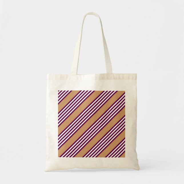 Plum and white five stripes pattern with tan tote bag (Front)