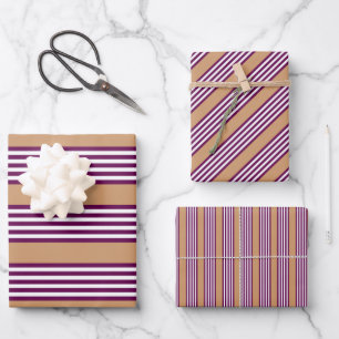 Plum and white five stripes pattern with tan wrapping paper sheets