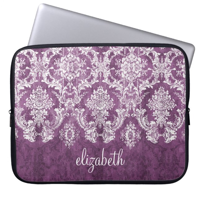 Plum and White Grunge Damask Pattern with Name Laptop Sleeve (Front)