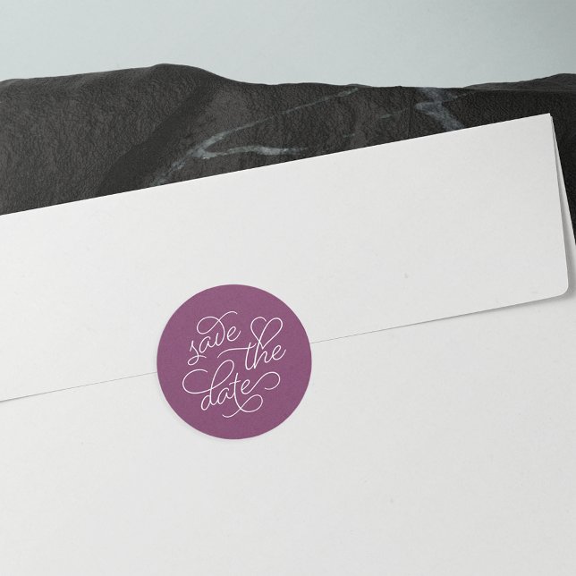 Plum and White Typography Save the Date Classic Round Sticker (Creator Uploaded)