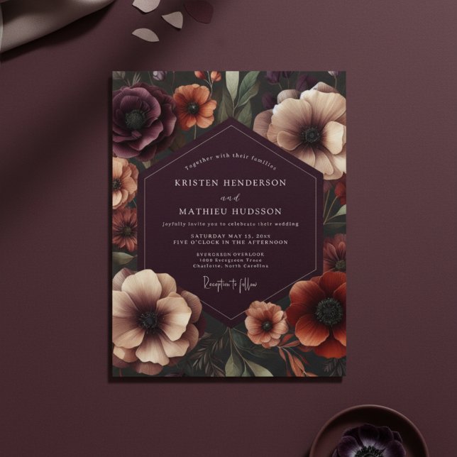 Plum Anemone Botanical Romance Wedding Invitation (Creator Uploaded)