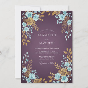 Plum Aqua Foliage Eucalyptus Wedding Invitation
