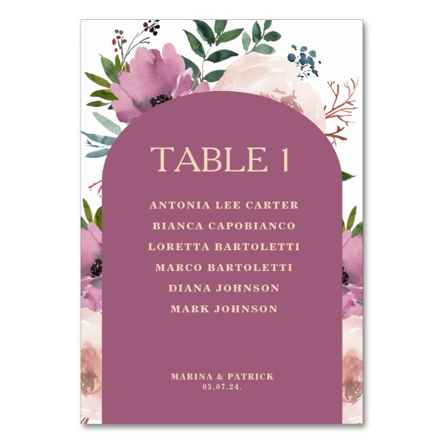 Plum Arch Floral Wedding Table Number Card (Front)