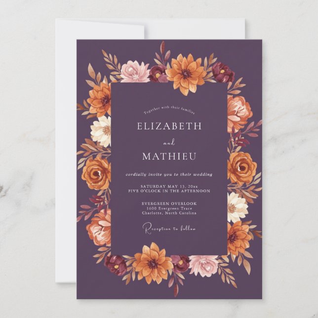 Plum Autumn Floral Romance Wedding Invitation (Front)