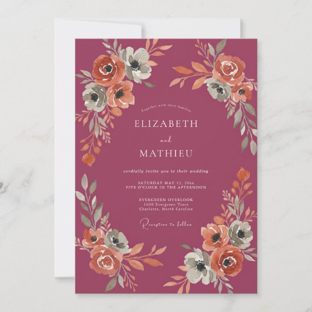 Plum Autumn Floral Wedding Invitation (Front)