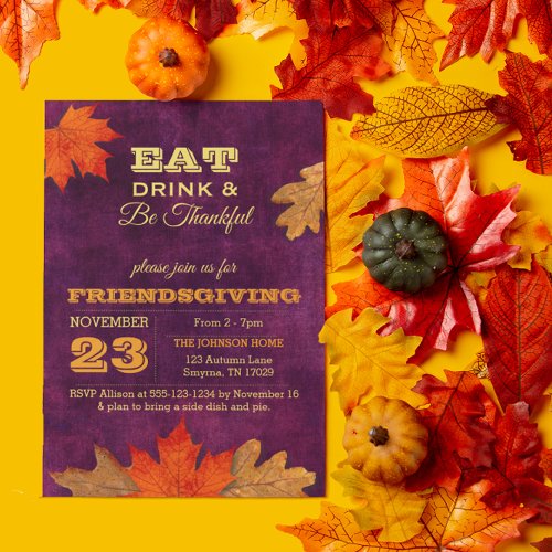 Plum Autumn Leaves Eat Drink  Be Thankful Invitation