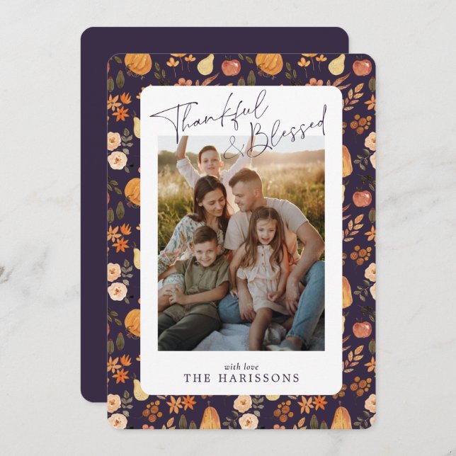 Plum autumn patterned Thanksgiving  photo card (Front/Back)