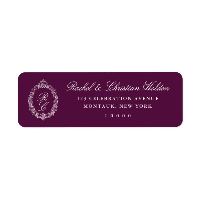 Plum Baroque Monogram Crest Wedding Label (Front)