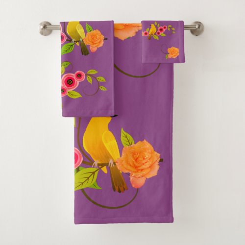 Plum _ Bird  Yellow Rose Bath Towel Set