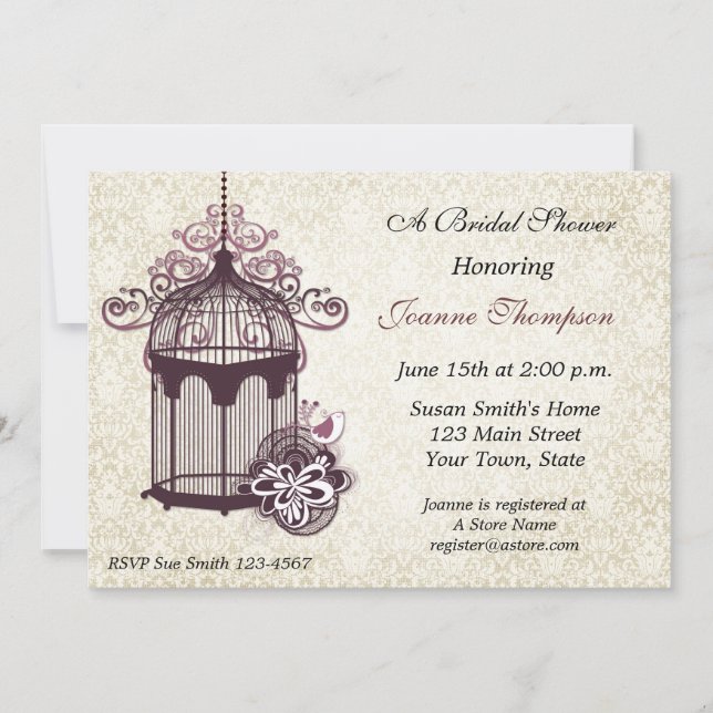 Plum Birdcage, Damask Invitation (Front)