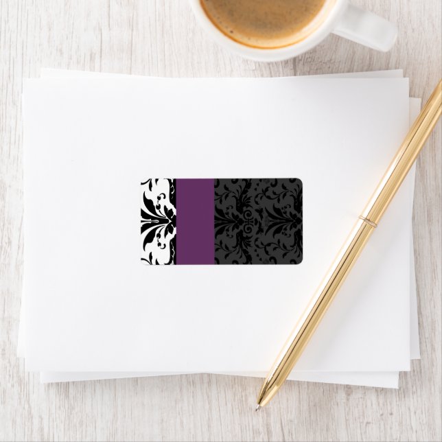 Plum & Black Bumble Bee Damask Address Label (Insitu)