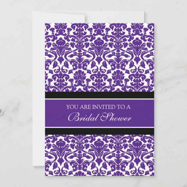 Plum Black Damask Bridal Shower Invitation Cards (Front)