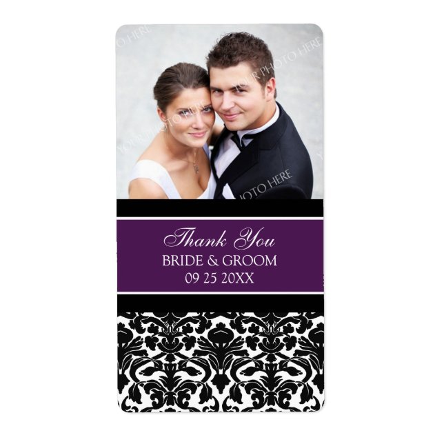 Plum Black Damask Photo Wedding Labels (Front)