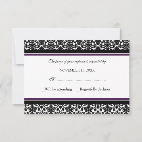 Plum Black Damask RSVP Wedding Card