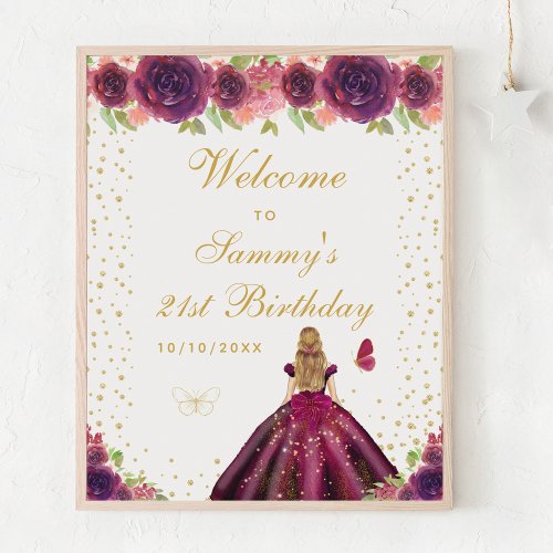 Plum Blonde Hair Girl Birthday Party Welcome Poster