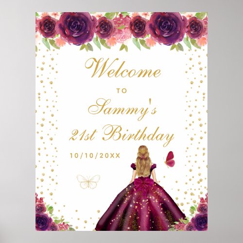 Plum Blonde Hair Girl Birthday Party Welcome Poster