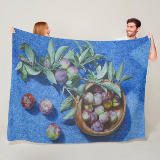 Plum Blossom Branches on Blue Background Painting Fleece Blanket