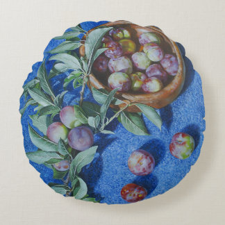 Plum Blossom Branches on Blue Background Painting Round Pillow