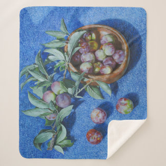 Plum Blossom Branches on Blue Background Painting Sherpa Blanket