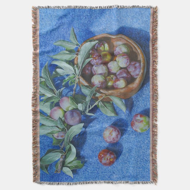 Plum Blossom Branches on Blue Background Painting Throw Blanket (Front Vertical)
